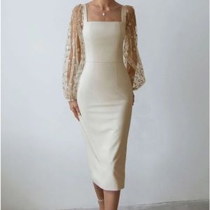 Embroidery Sheer Patchwork Lantern Sleeve Elegant Midi Dresses